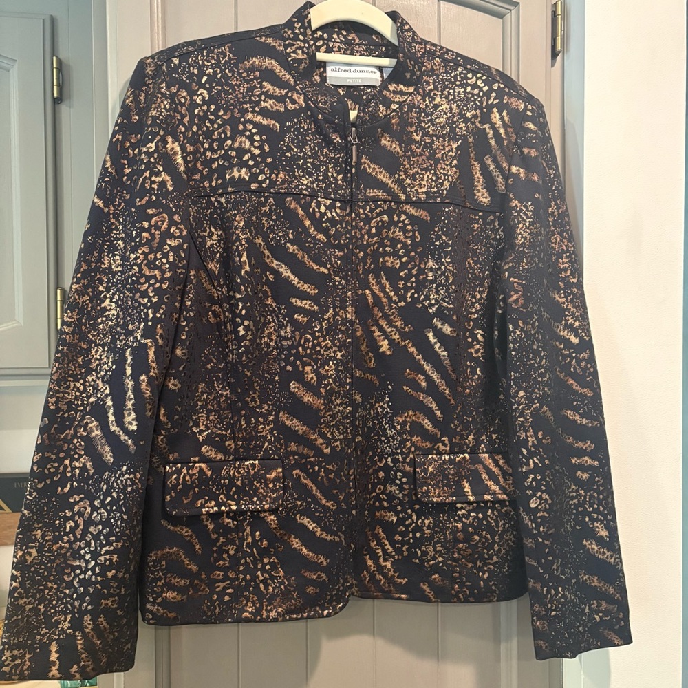 Alfred Dunner Zip Up Blazer Jacket, Black With Metallic Gold, Animal Design, 10P